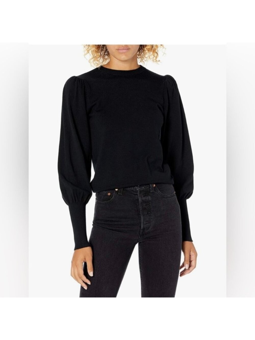 The Drop Vivienne Padded Shoulder Balloon Sleeve Crewneck Sweater Black